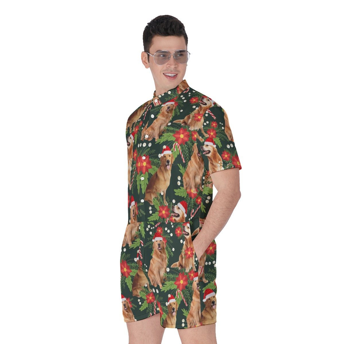 Funny Golden Retrieve With Christmas Hat Tropical Hawaiian Romper