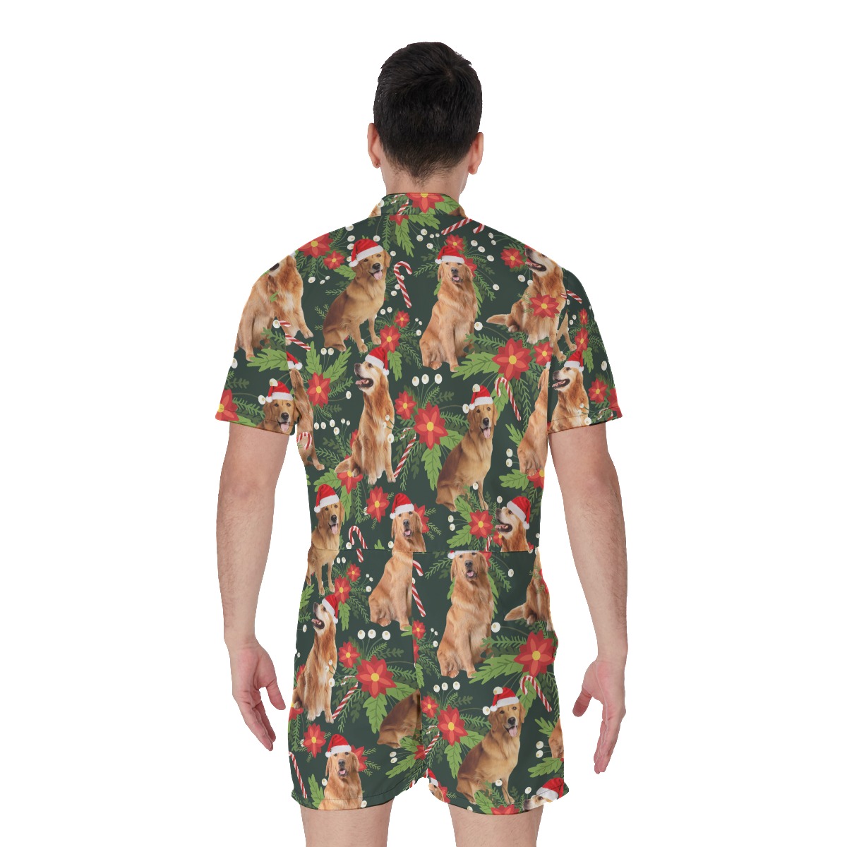 Funny Golden Retrieve With Christmas Hat Tropical Hawaiian Romper