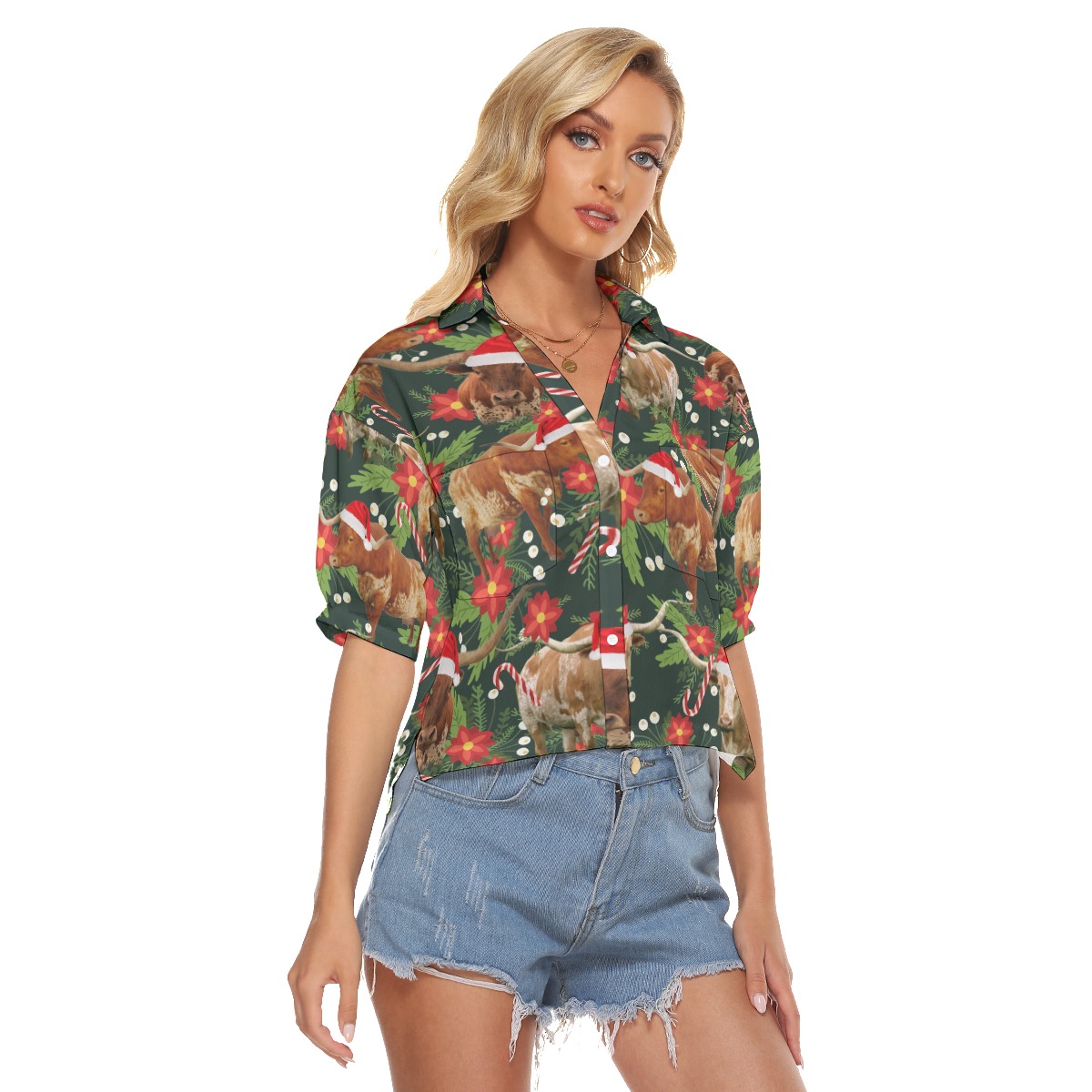 Tropical Cow Christmas Hawaiian Crop Top Shirt For Women