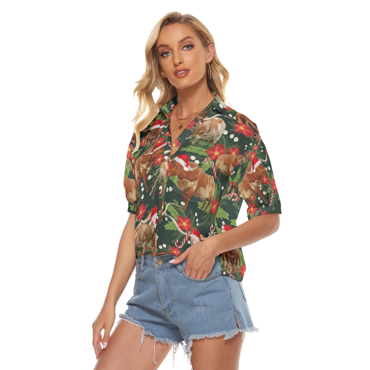 Tropical Cow Christmas Hawaiian Crop Top Shirt For Women