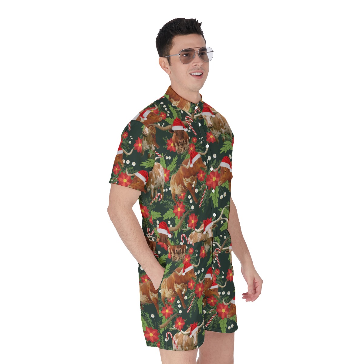 Funny Cow With Christmas Hat Men's Hawaiian Romper
