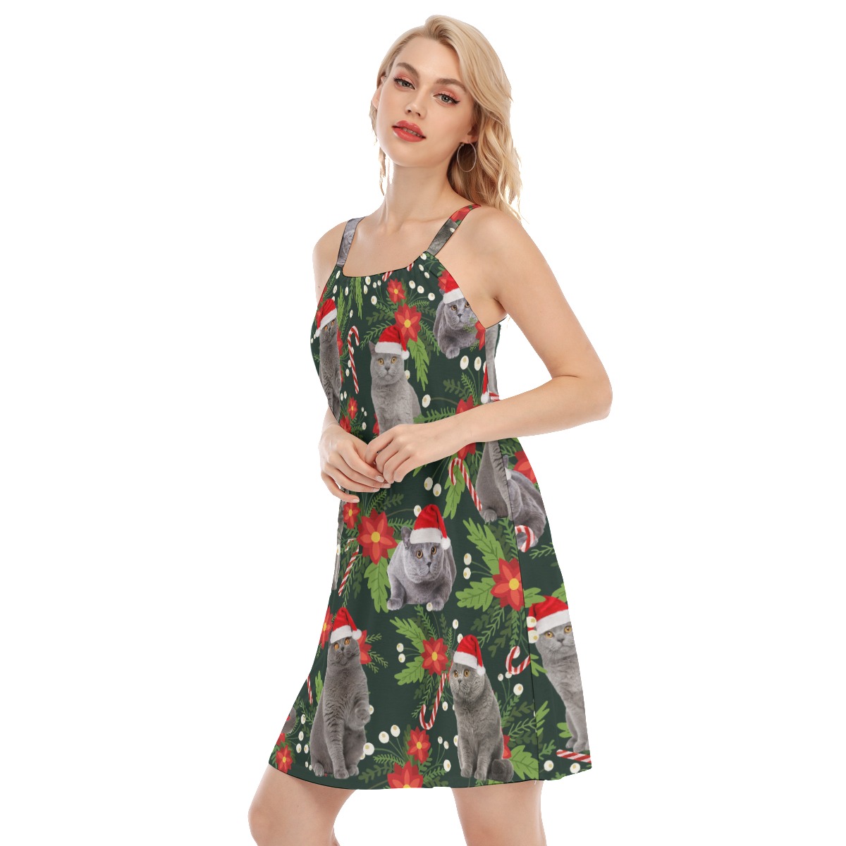 Tropical Christmas Cat Hawaiian Cami Dress For Women