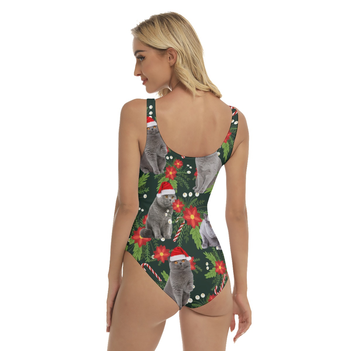 Funny Cat With Christmas Hat Tropical Hawaiian Swimsuit For Women