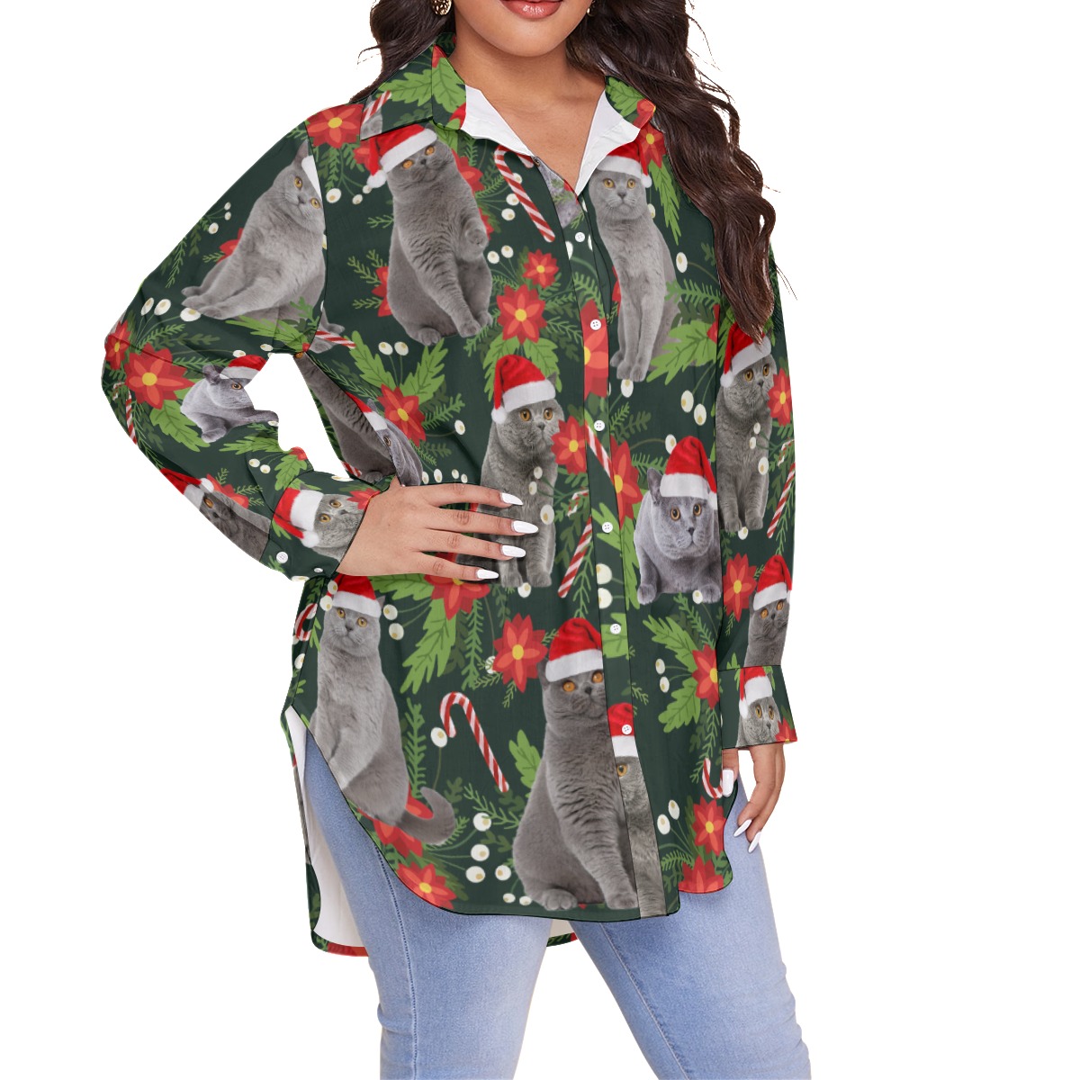 Funny Cat Christmas Hawaiian Plus Size Shirt For Women