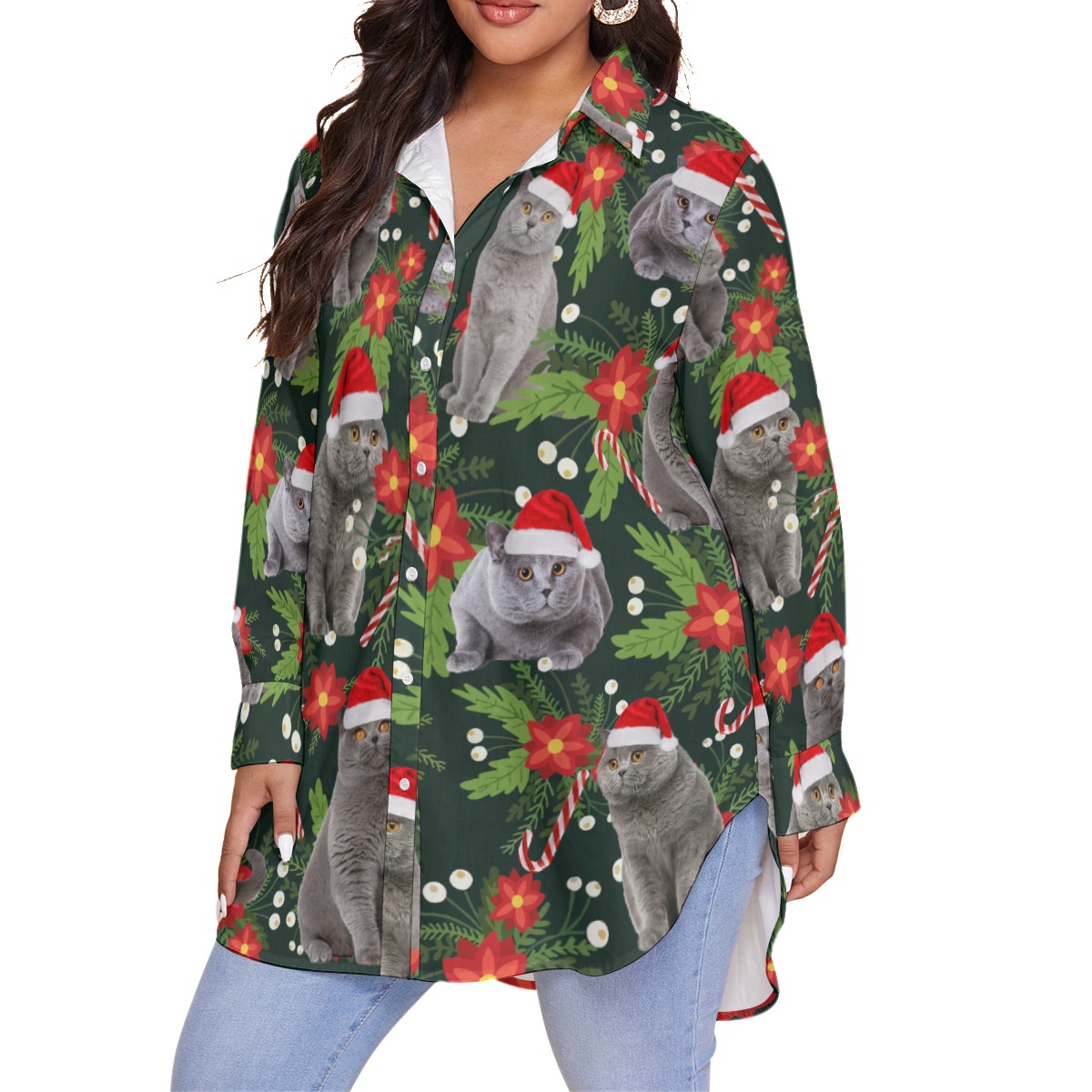 Funny Cat Christmas Hawaiian Plus Size Shirt For Women