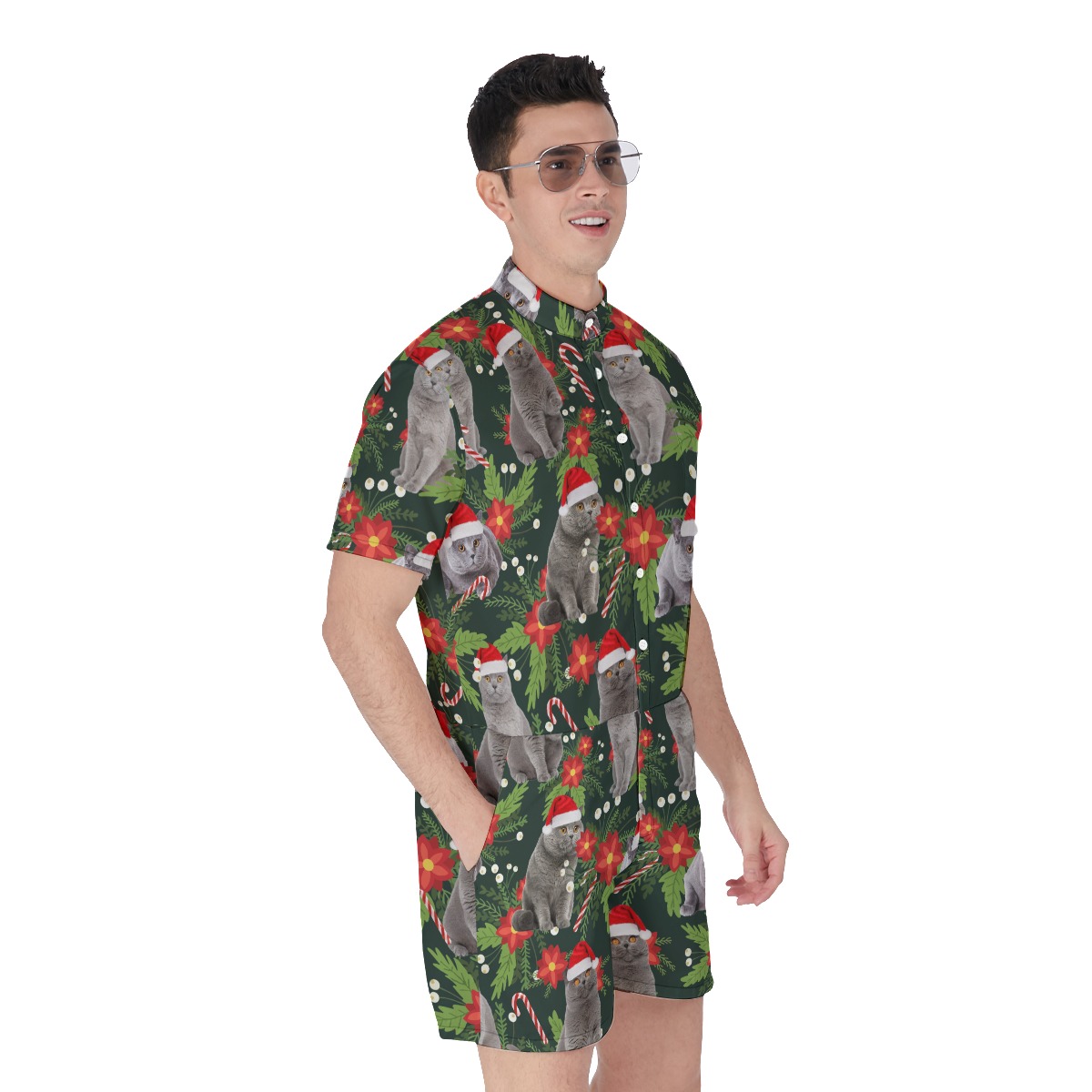 Funny Christmas Cat Men's Hawaiian Romper
