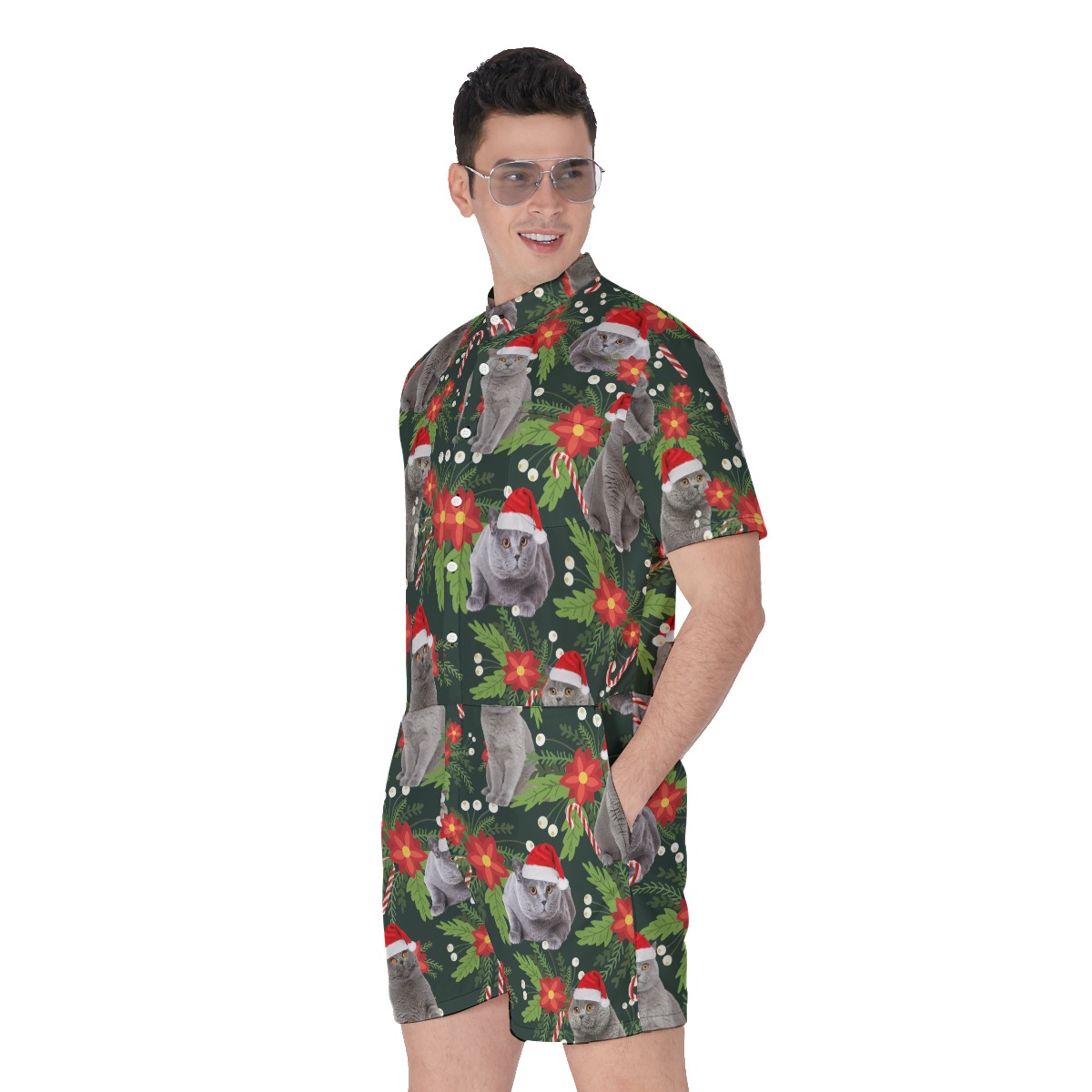 Funny Christmas Cat Men's Hawaiian Romper