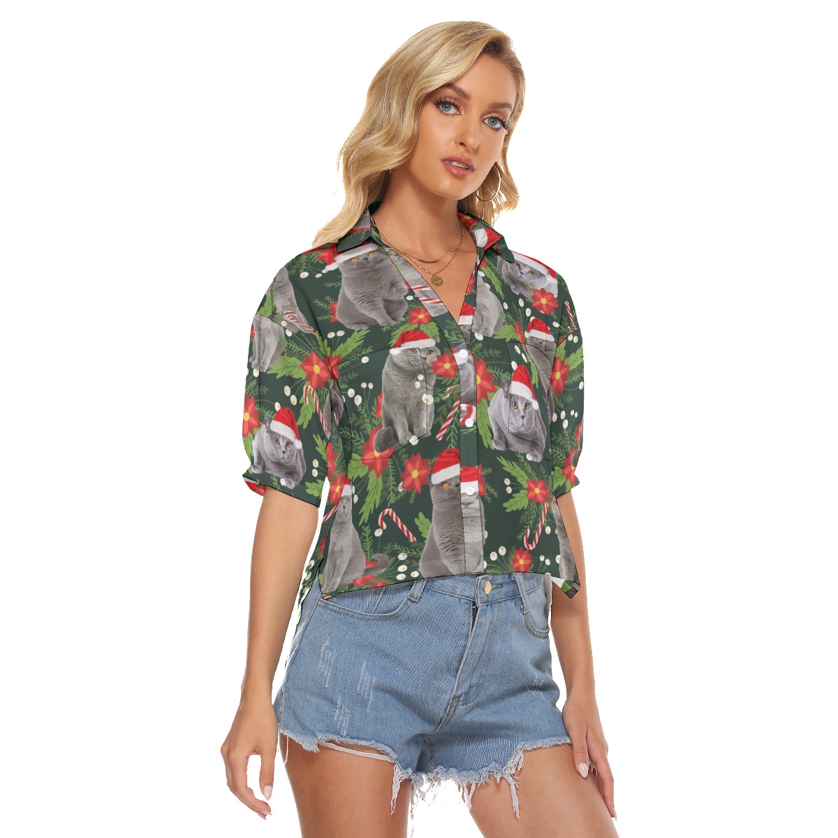 Funny Cat With Christmas Hat Tropical Hawaiian Cropped Shirt For Women
