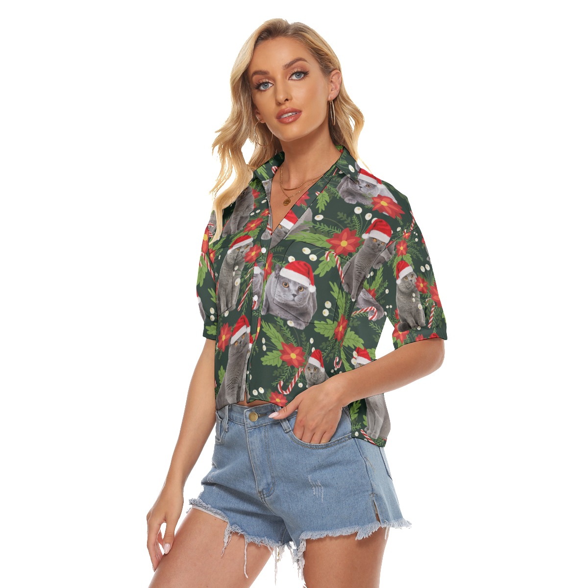 Funny Cat With Christmas Hat Tropical Hawaiian Cropped Shirt For Women