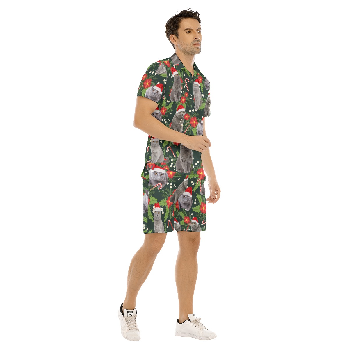 Tropical Christmas Cat Hawaiian Shirt And Matching Shorts For Men
