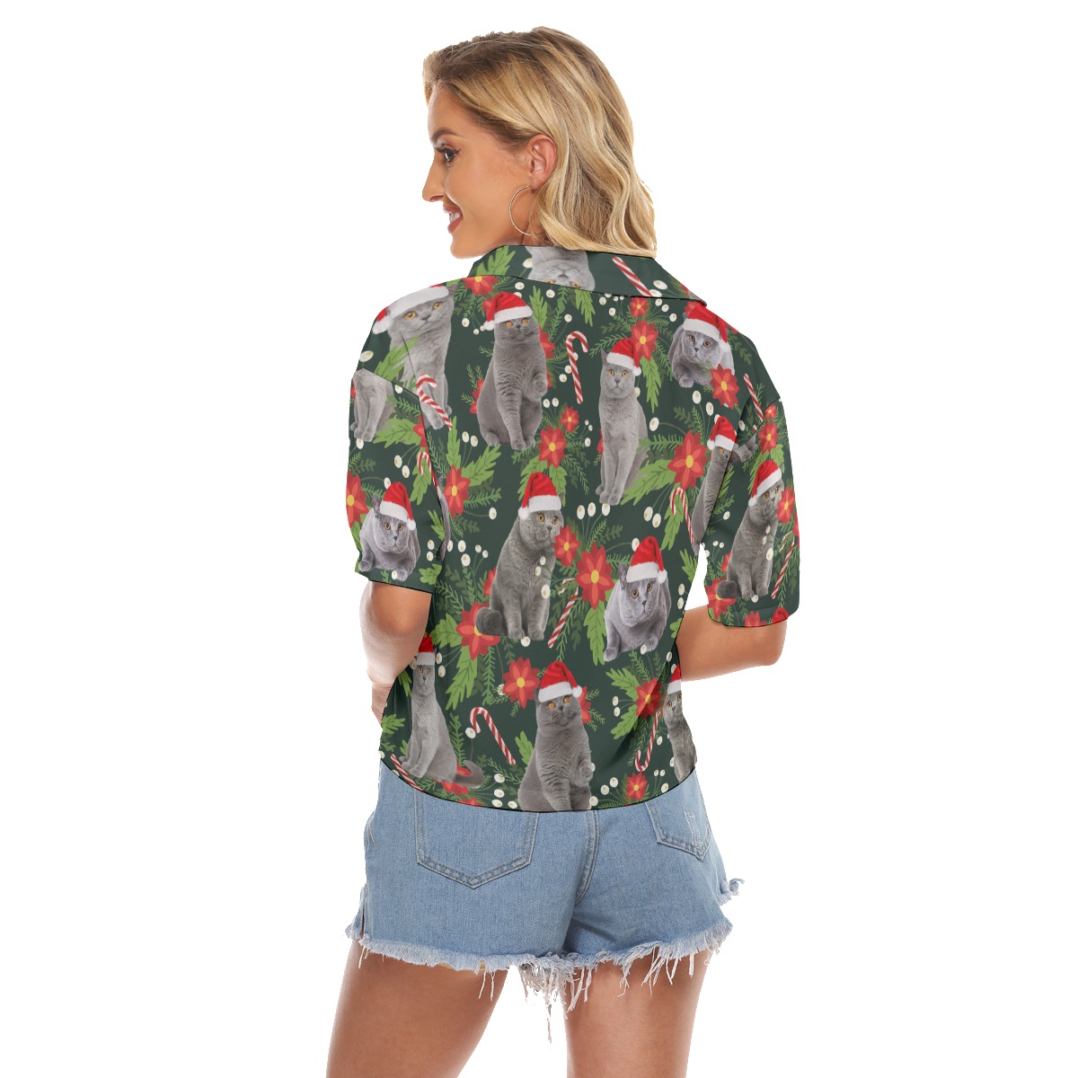 Funny Cat With Christmas Hat Tropical Hawaiian Cropped Shirt For Women