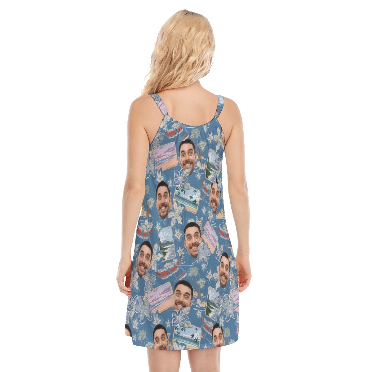 Blue Custom Multiple Faces Hawaiian Cami Dress For Women