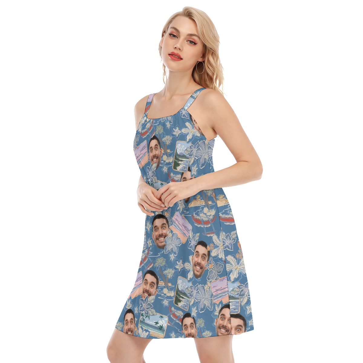 Blue Custom Multiple Faces Hawaiian Cami Dress For Women