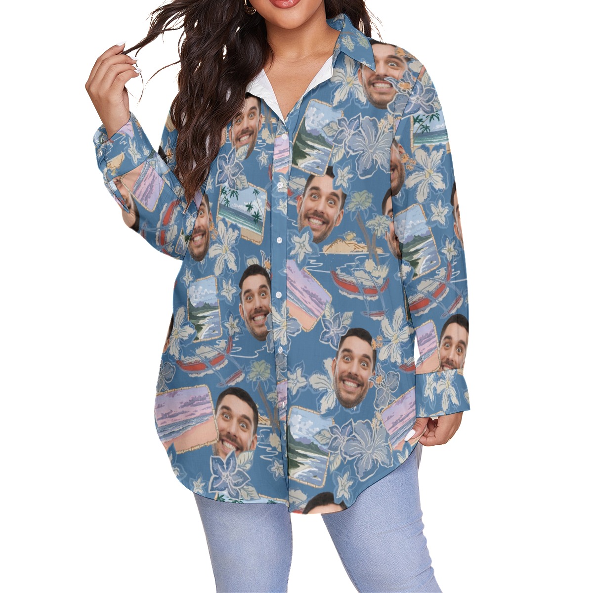 Blue Custom Your Face Women's Plus Size Hawaiian Shirt