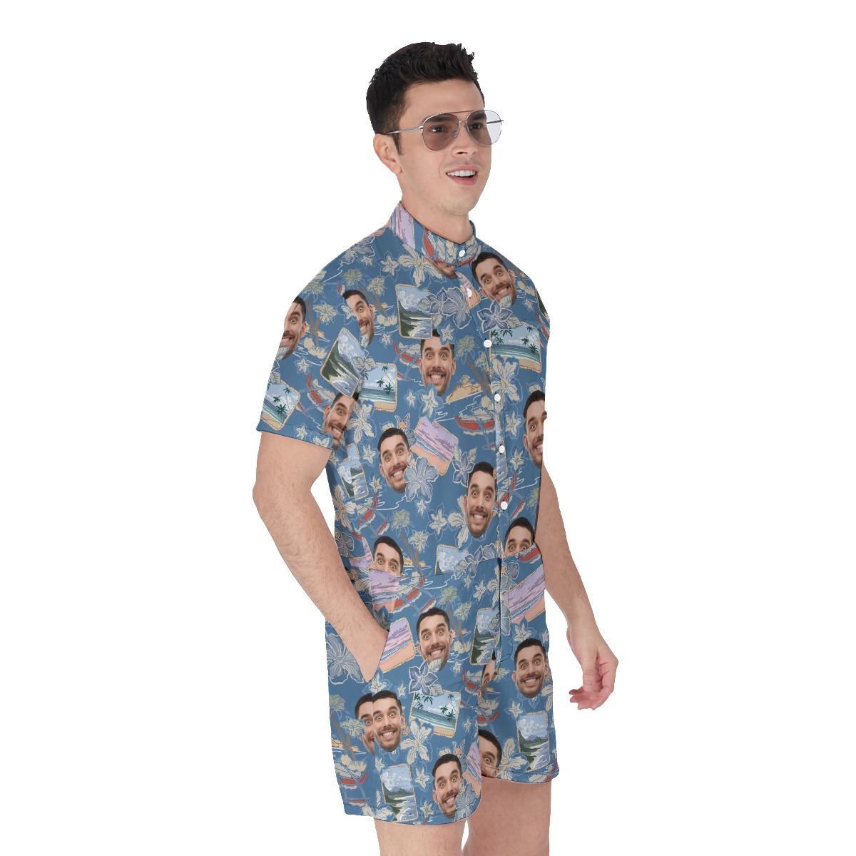 Blue Custom Faces Hawaiian Romper With Photos For Men