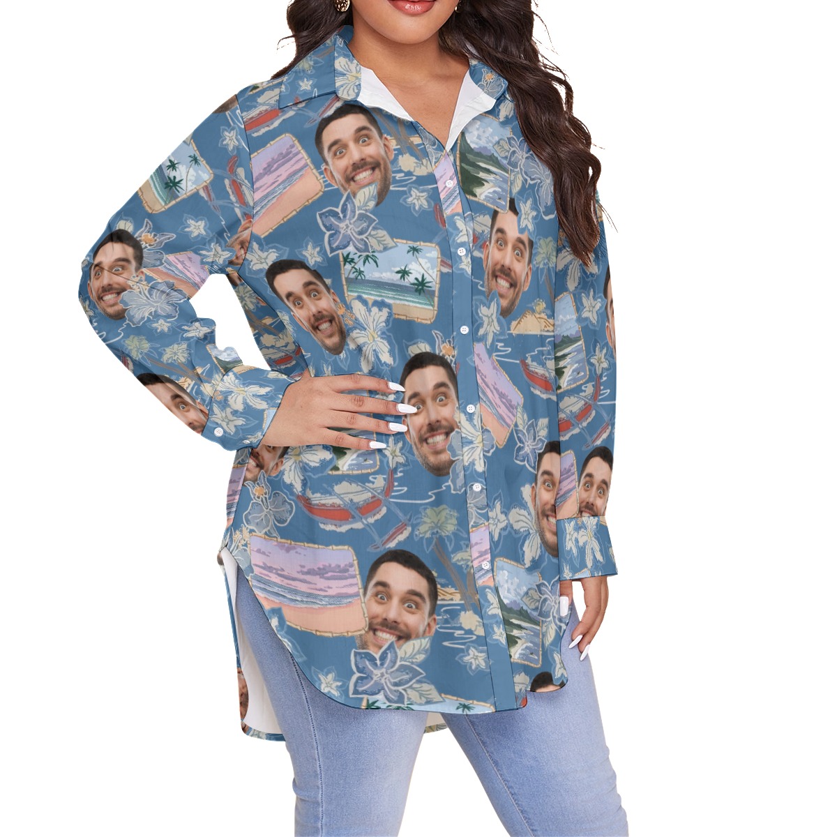 Blue Custom Your Face Women's Plus Size Hawaiian Shirt