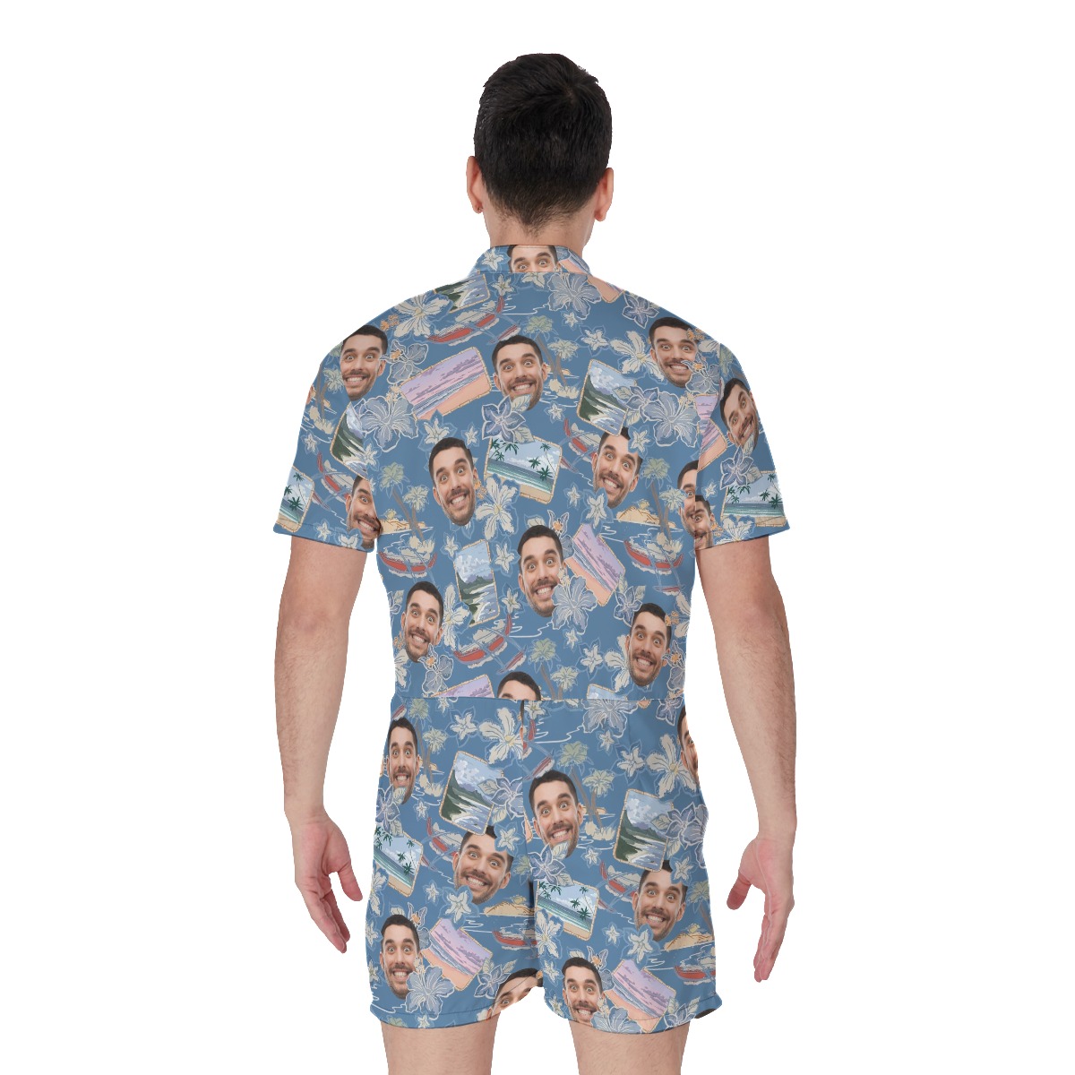 Blue Custom Faces Hawaiian Romper With Photos For Men