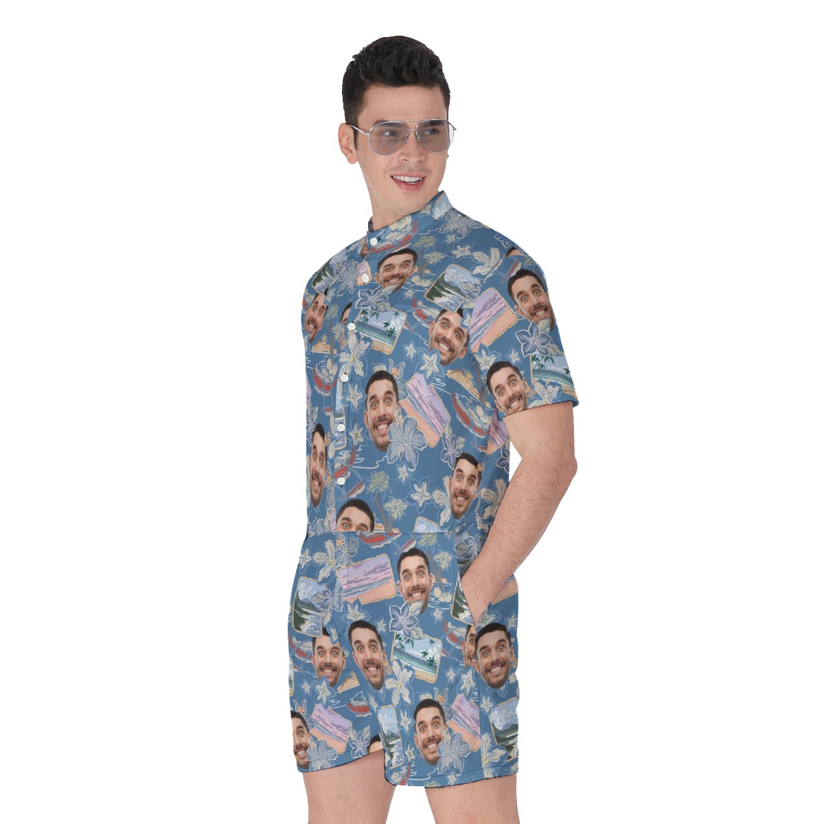 Blue Custom Faces Hawaiian Romper With Photos For Men