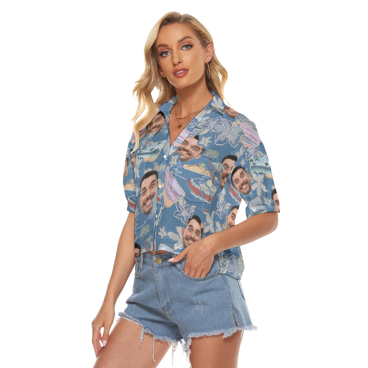 Upload Face Photo Hawaiian Cropped Shirt For Men