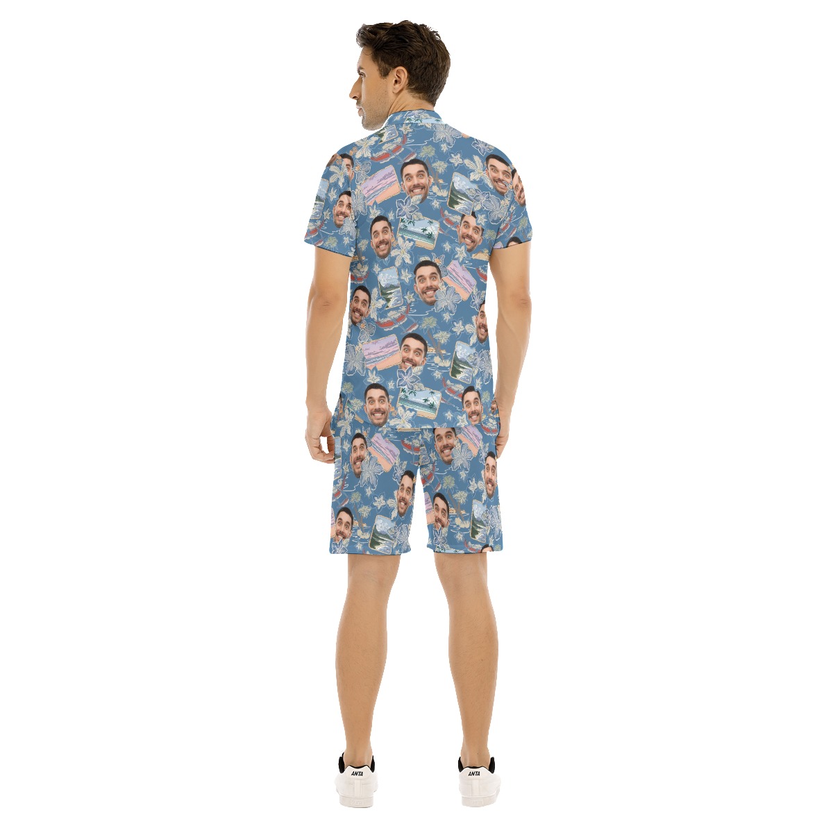 Blue Custom Your Face Hawaiian Shirt And Shorts Set For men