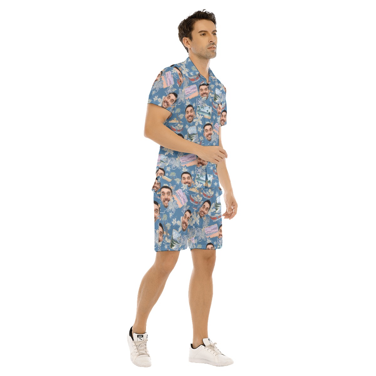 Blue Custom Your Face Hawaiian Shirt And Shorts Set For men