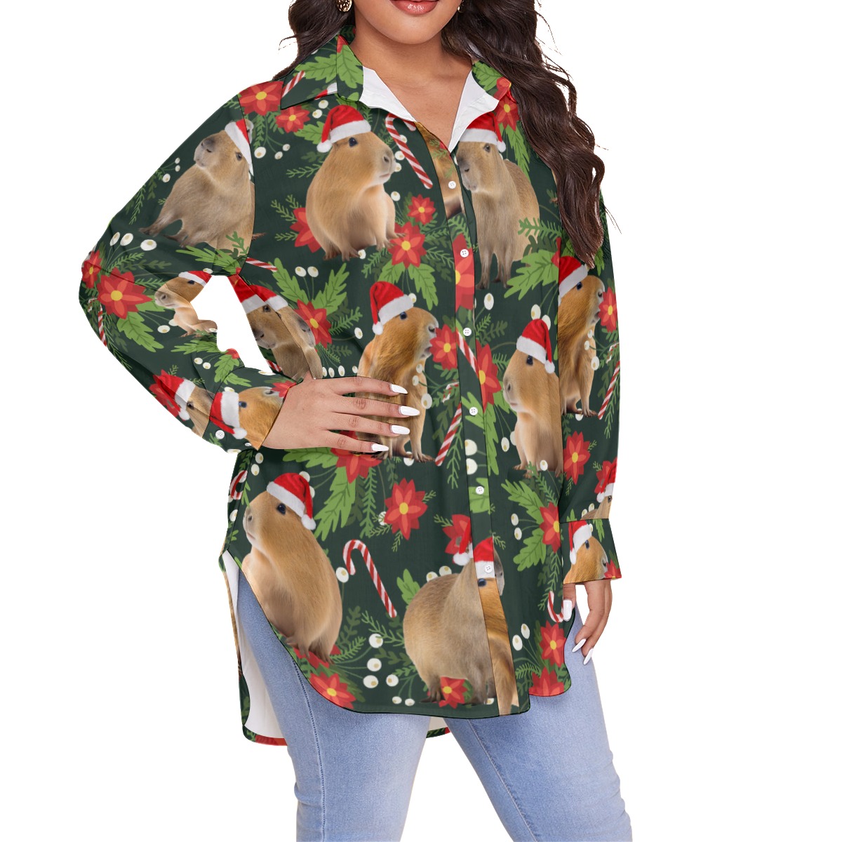 Funny Christmas Capybara Hawaiian Plus Size Shirt For Women
