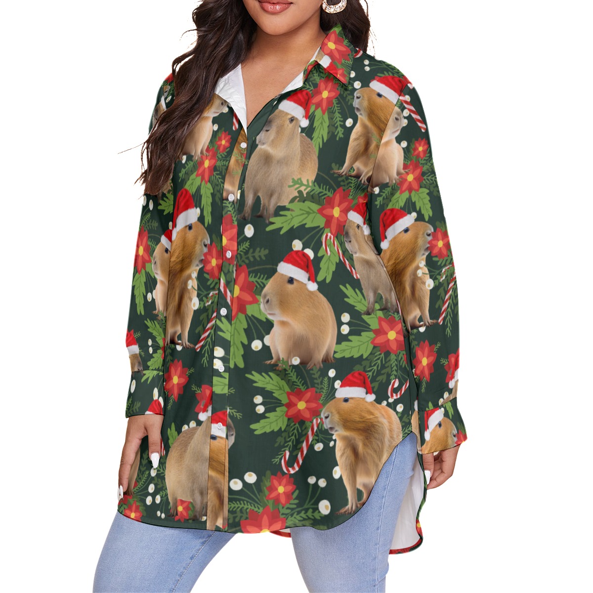 Funny Christmas Capybara Hawaiian Plus Size Shirt For Women