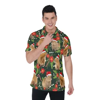 Christmas Capybara Floral Hawaiian Polo Shirt