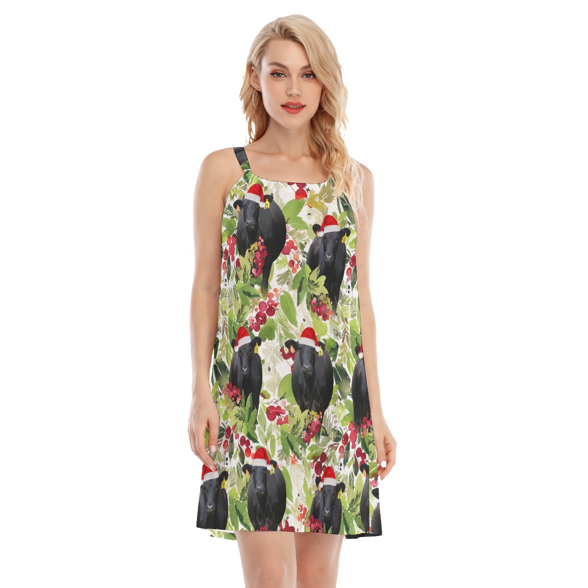 Tropical Christmas Black Cow Hawaiian Cami Dress For Women - variant image 1