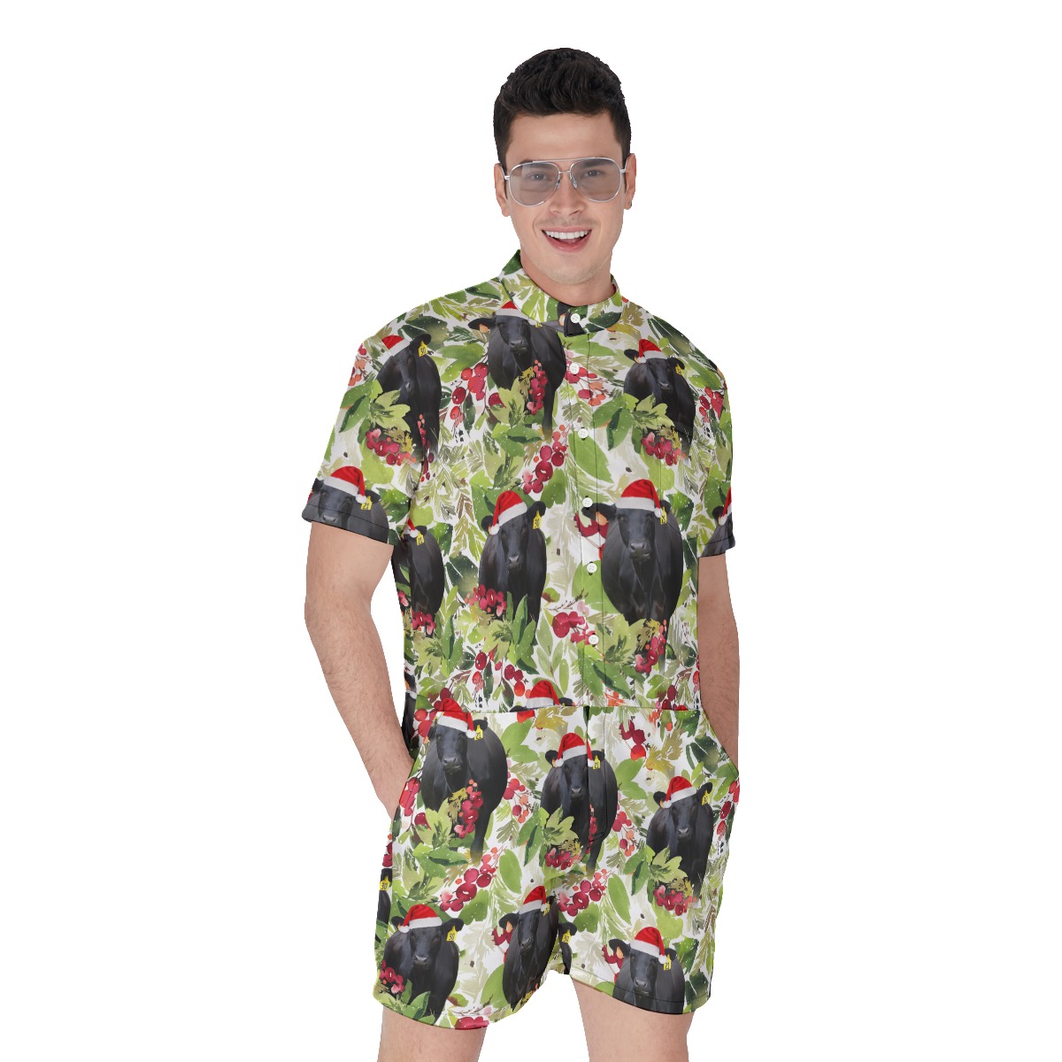 Funny Christmas Black Cow Tropical Hawaiian Romper For Men - variant image 1