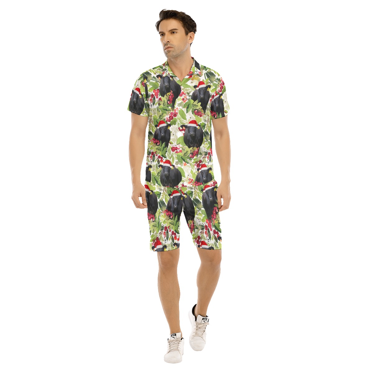 Funny Christmas Black Cow Tropical Hawaiian Shirt And Shorts For Men - variant image 1