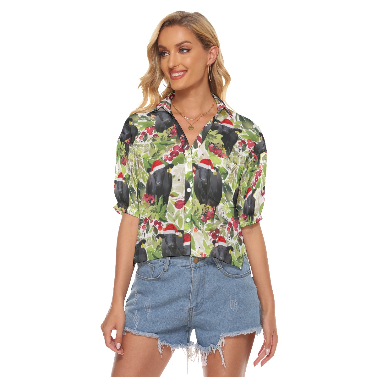 Tropical Christmas Black Cow Hawaiian Crop Top Shirt For Women - variant image 1