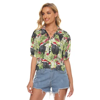 Tropical Christmas Black Cow Hawaiian Crop Top Shirt For Women
