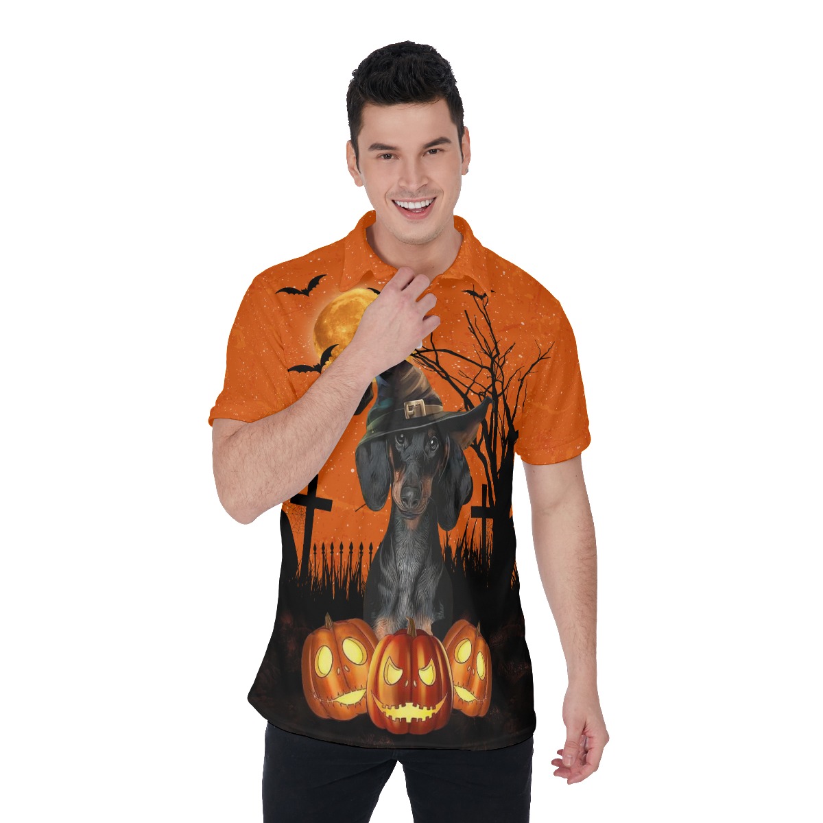 Spooky Dachshund Halloween Hawaiian Polo Shirt - variant image 1