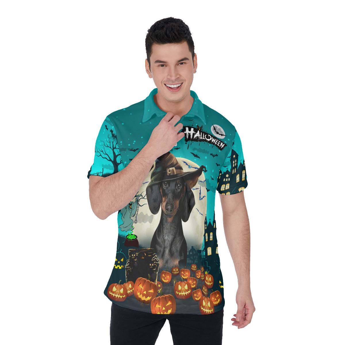 Dachshund Halloween Horror Hawaiian Polo Shirt For Men - variant image 1