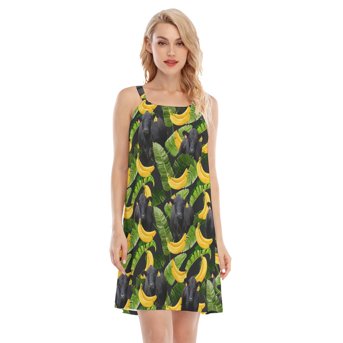 Tropical Banana Black Cow Hawaiian Cami Dress For Women - variant image 1