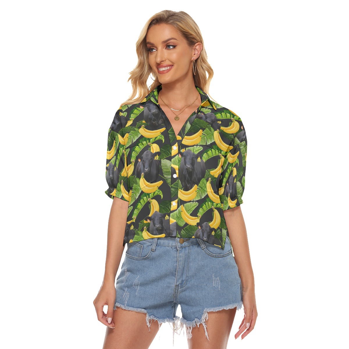 Tropical Banana Black Cow Hawaiian Crop Top Shirt For Women - variant image 1