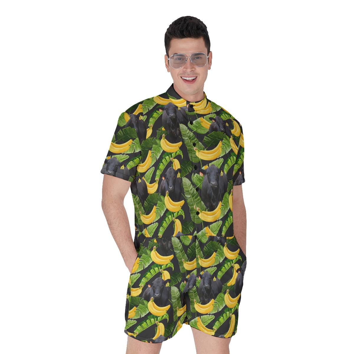 Tropical Banana Black Angus Cow Hawaiian Romper - variant image 1