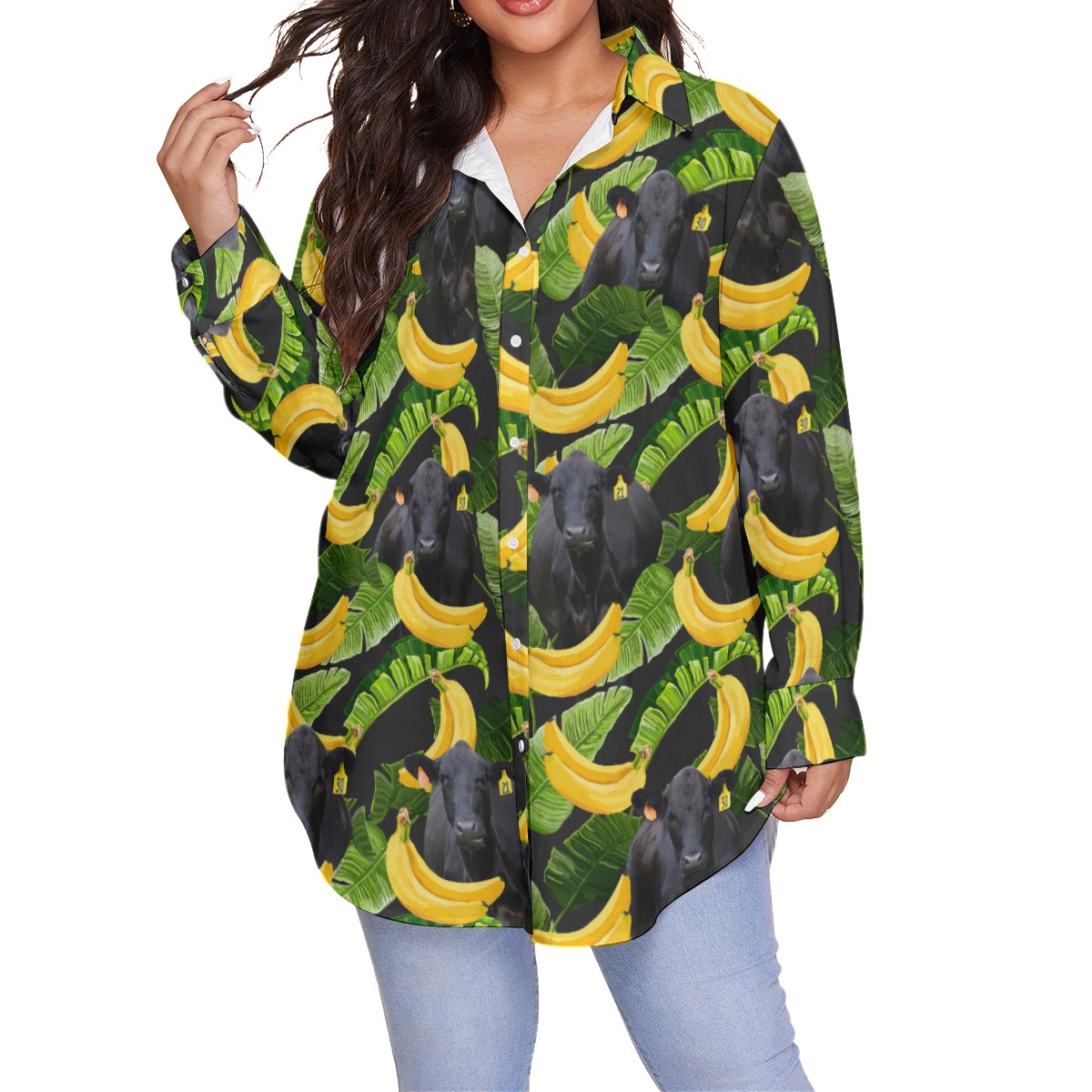 Black Angus Cow Tropical Banana Hawaiian Plus Size Shirt For Women - variant image 1