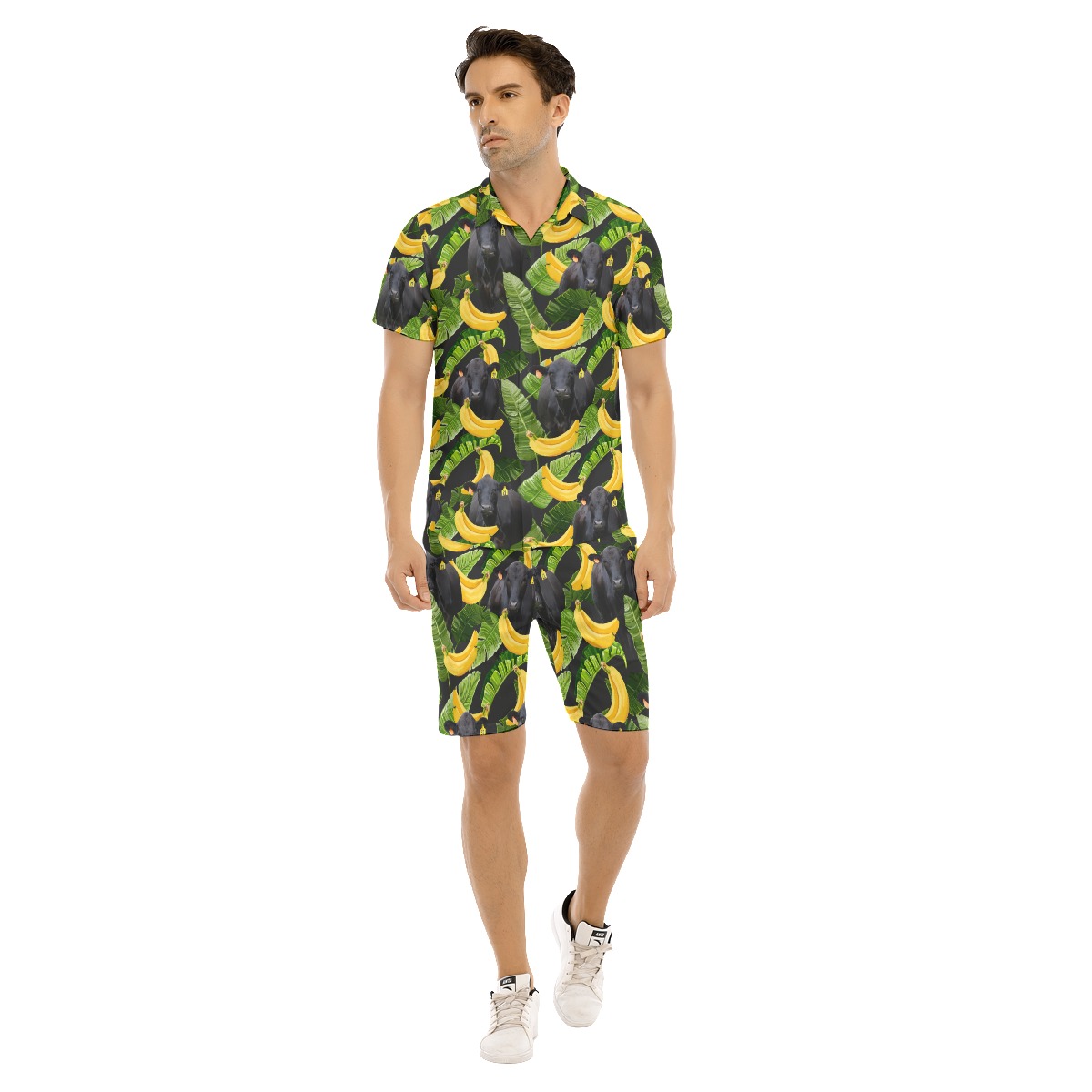Tropical Banana Black Cow Hawaiian Shirt And Matching Shorts For Men - variant image 1