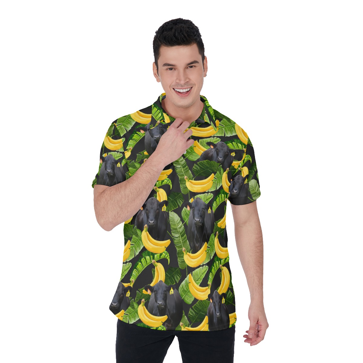 Black Angus Cow Tropical Banana Hawaiian Polo Shirt - variant image 1