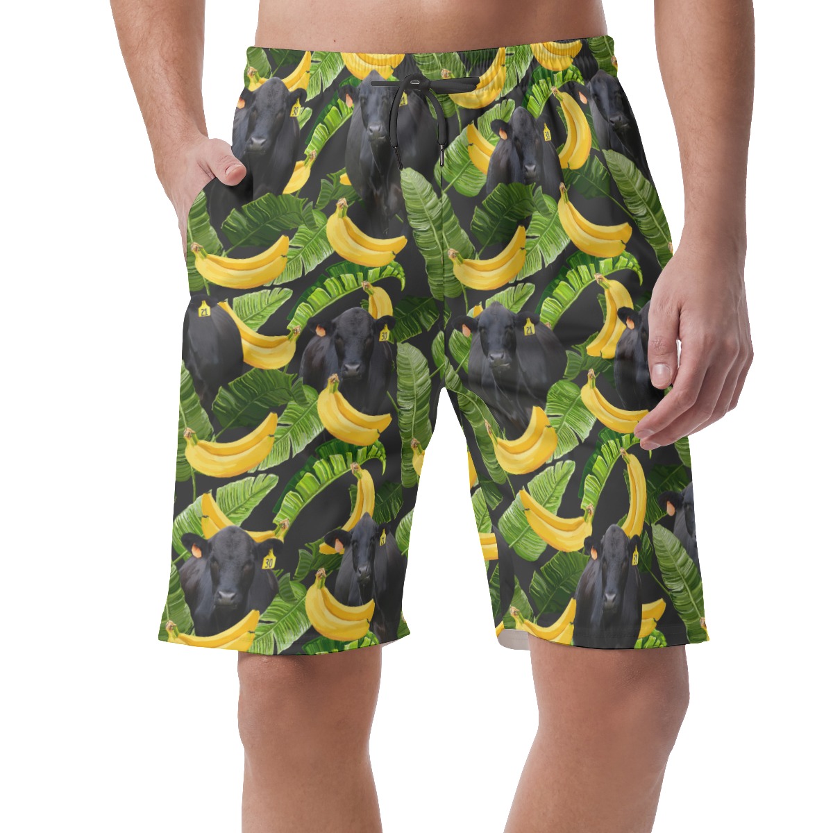 Tropical Banana Black Cow Hawaiian Beach Shorts For Men - variant image 1