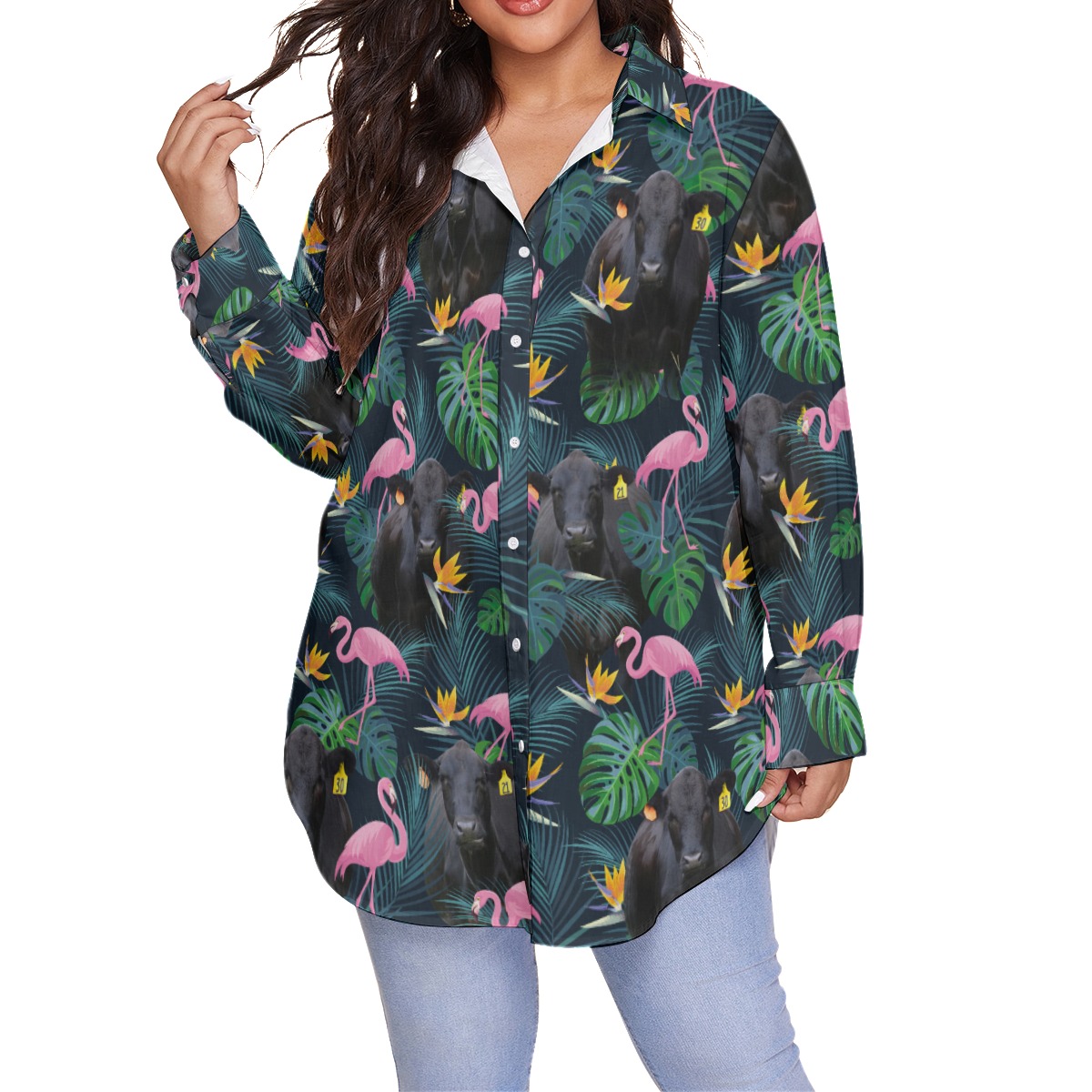 Tropical Flamingo Black Cow Hawaiian Plus Size Shirt For Women - variant image 1
