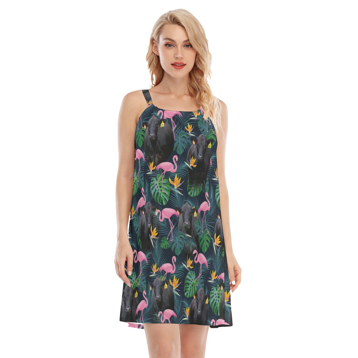 Tropical Black Cow Flamingo Hawaiian Dress - variant image 1