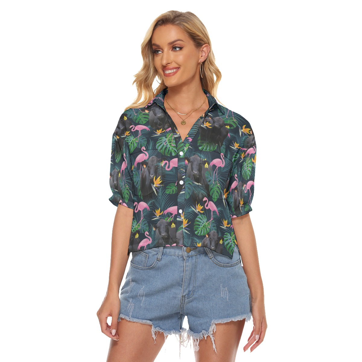 Black Angus Cow Tropical Flamingo Hawaiian Cropped Shirt For Women - variant image 1