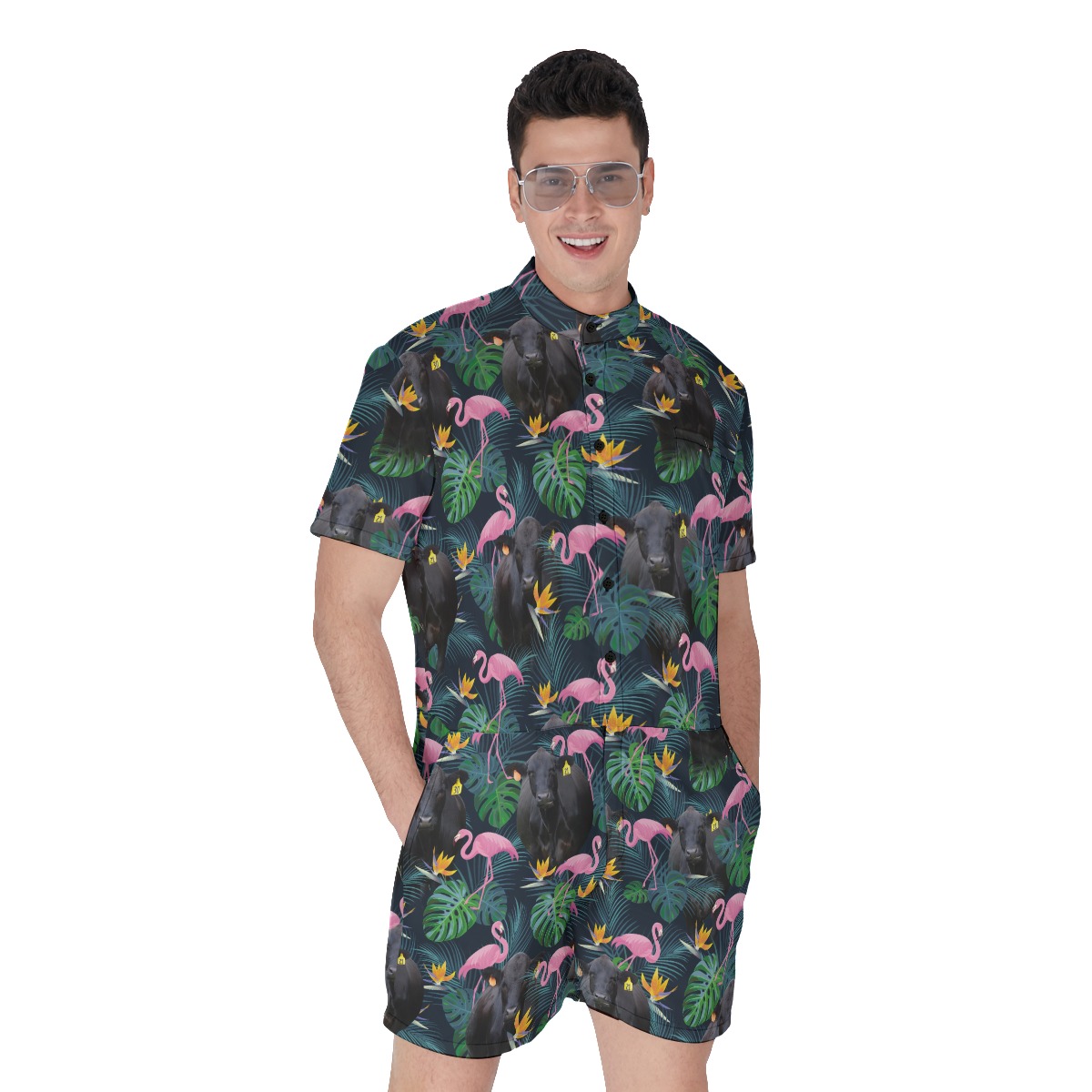 Black Angus Cow Tropical Flamingo Hawaiian Romper For Men - variant image 1
