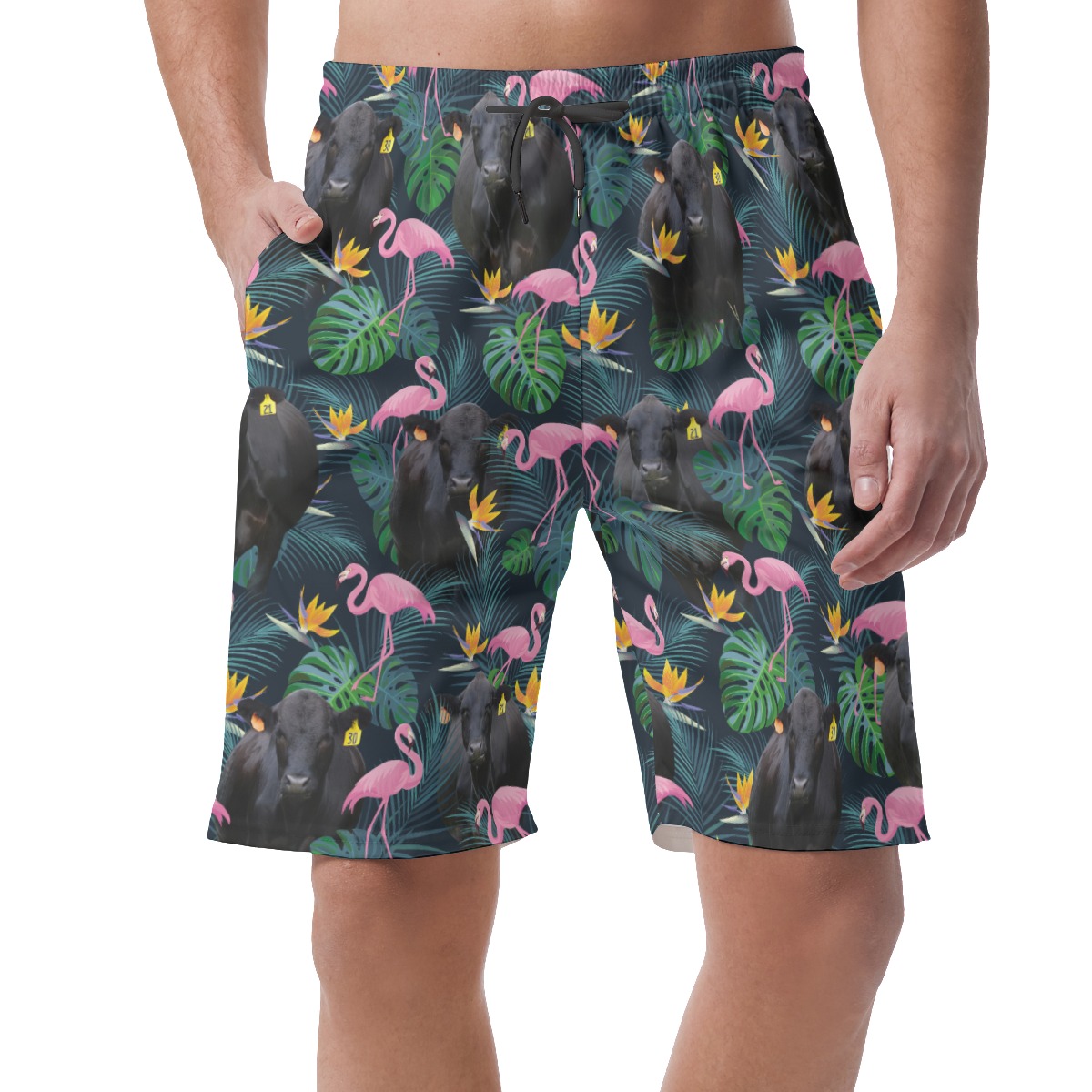Tropical Flamingo Black Cow Hawaiian Beach Shorts For Men - variant image 1