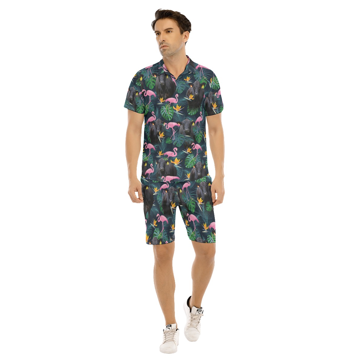 Flamingo Tropical Black Cow Hawaiian Shirt And Matching Shorts For Men - variant image 1