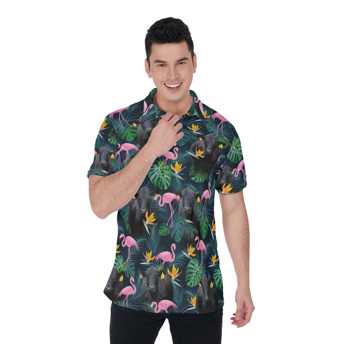 Black Angus Cow Tropical Flamingo Hawaiian Polo Shirt - variant image 1
