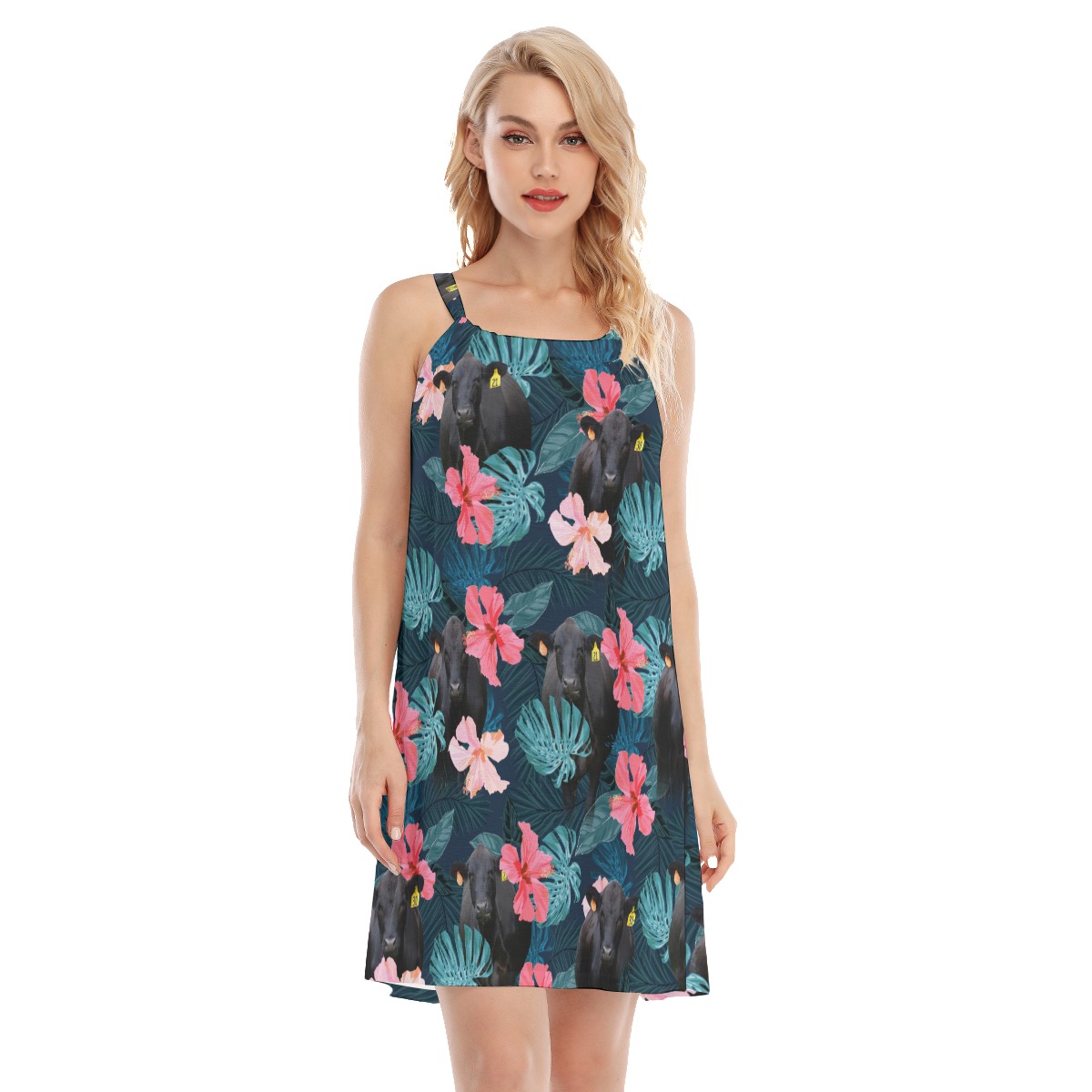 Hibiscus Black Angus Cow Aloha Cami Dresses For Women - variant image 1